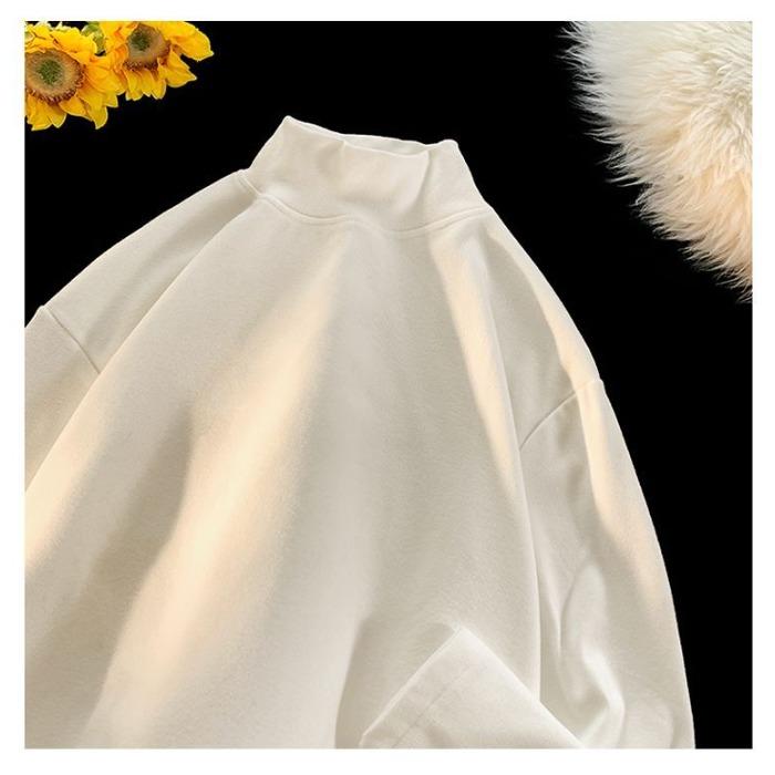 

осень Зима повседневные оверсайз футболки Полувысокий воротник Утепленные женские футболки с длинным рукавом теплые Бархатные однотонные y2k Топы для УНИСЕКС M