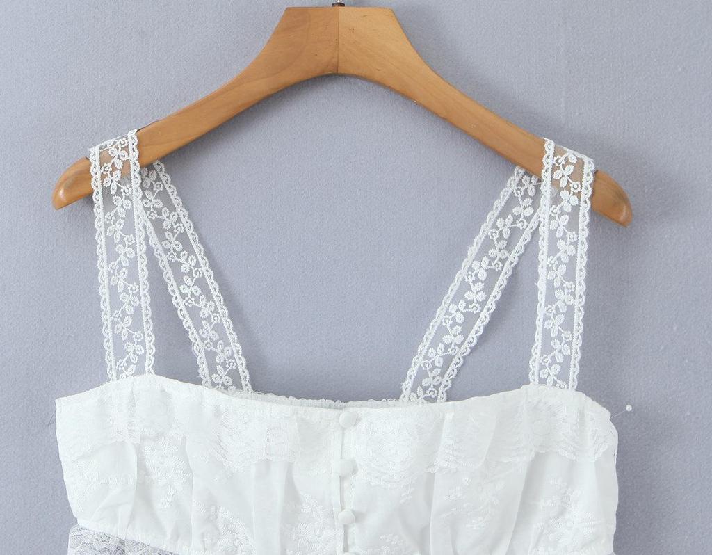 Women's Spring White Lace Cami Top & Ruffle Trim Embroidered Skirt Set