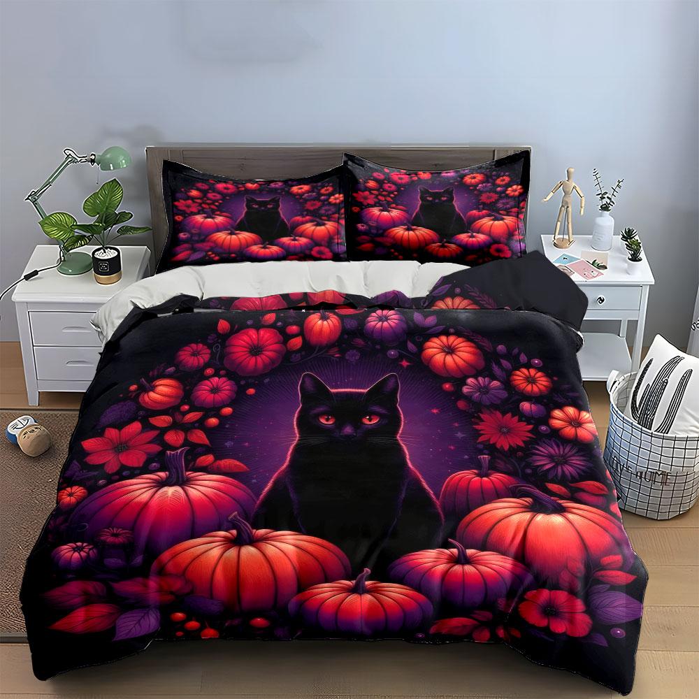 Halloween Cat Pumpkin Decor Soft Comfortable Duvet Cover Bedding Set Included 1*Duvet Cover & 2*Pillowcases, Gift