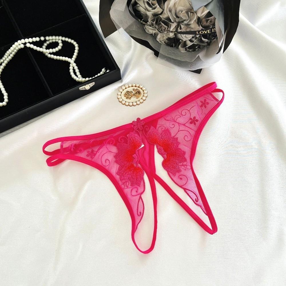 Stretchy Strappy Open Crotch Briefs Floral Embroidery Sheer Mesh Panties Lace Thong  Ladies Girls