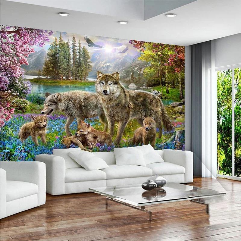Forest Wallpaper Red Peach Blossom 3d Wall Mural Gray Wolf Animal Children Fresco Kid's Room Murals Decor
