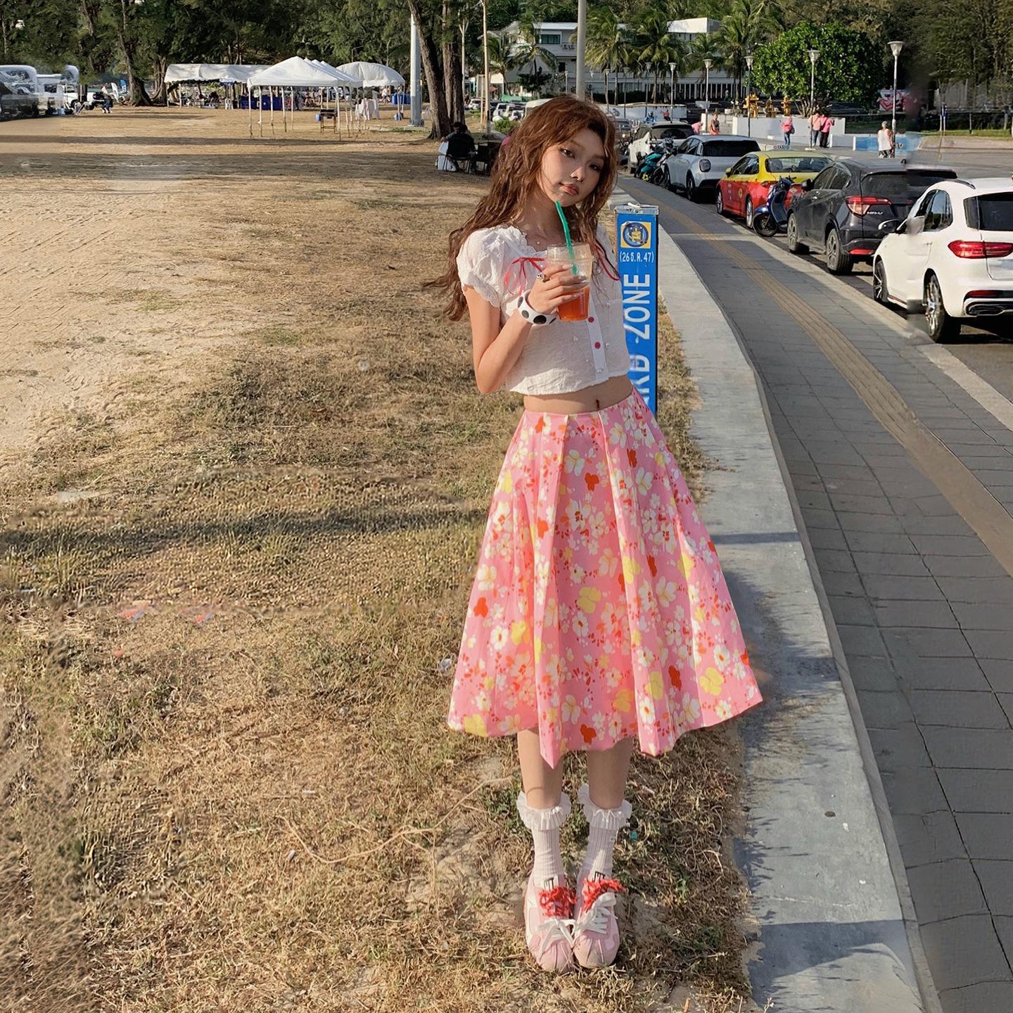 2026 Spring/Summer Women s Floral Print High-Waisted Pleated Midi Skirt - Versatile & Slimming Small розовый/цветочный