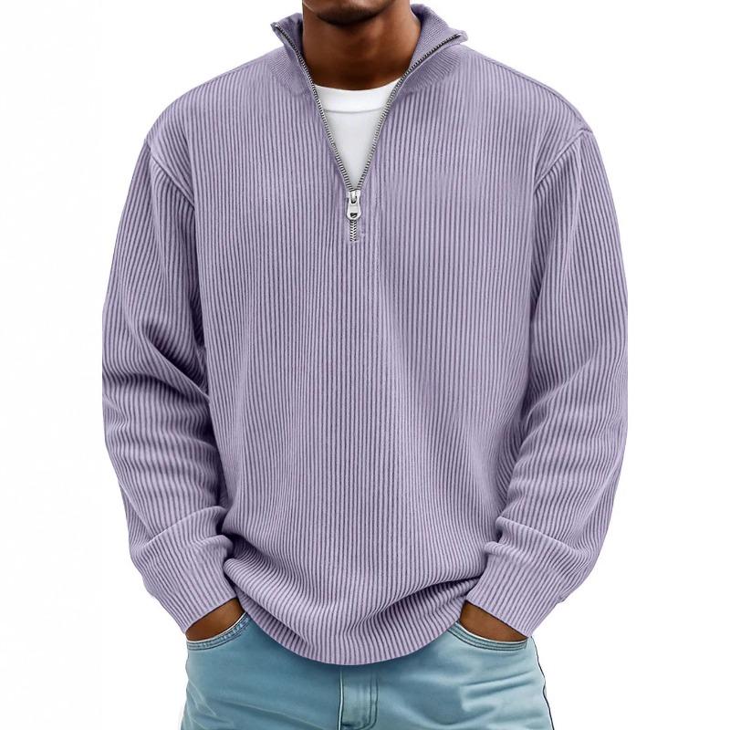 Fall Winter Men's Ribbed Knit Quarter Zip Pullover Long Sleeve Stand Collar Casual Sweatshirt