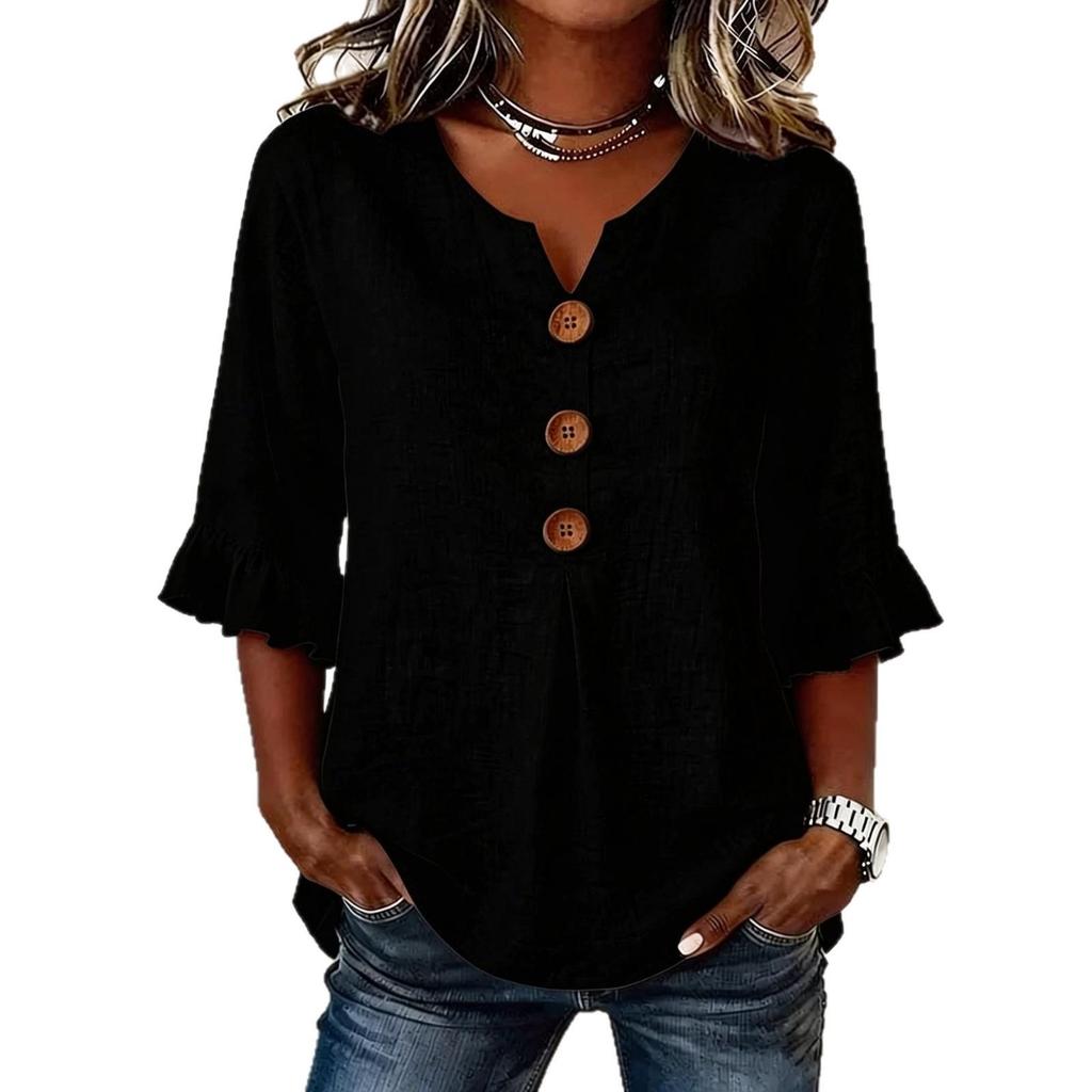 Women's V Neck Linen Button Top Summer Casual Blouse Breathable Lightweight Tshirts for Beach Office Vacation