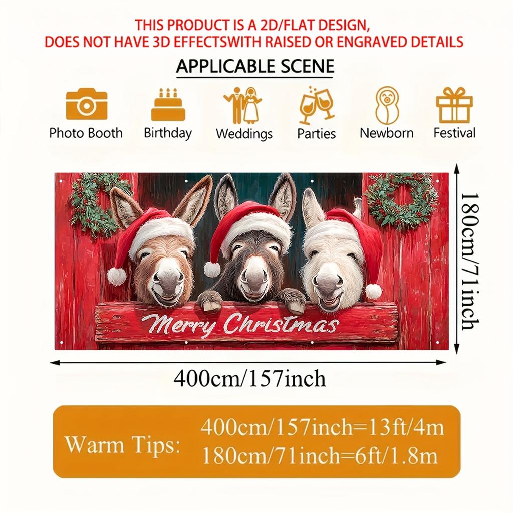1pc Large and interesting Christmas garage banner - three donkeys wearing Santa hats, a Merry Christmas sign