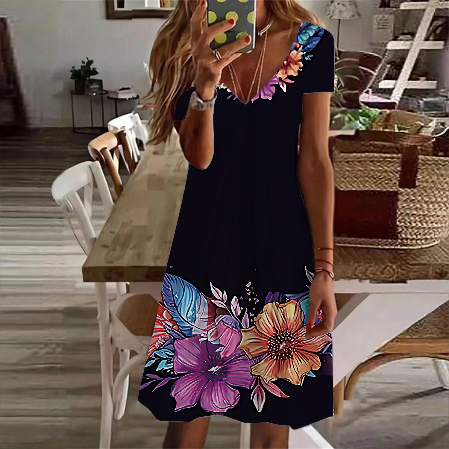 

Летняя мода женское платье с V-образным вырезом и коротким рукавом, синее платье с принтом бабочки и кристаллами, сексуальное платье L чёрный