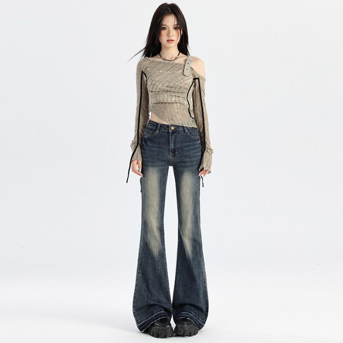 Retro blue micro-flared jeans women's spring and autumn new high-waisted and thin rough-edged design horseshoe flared pants