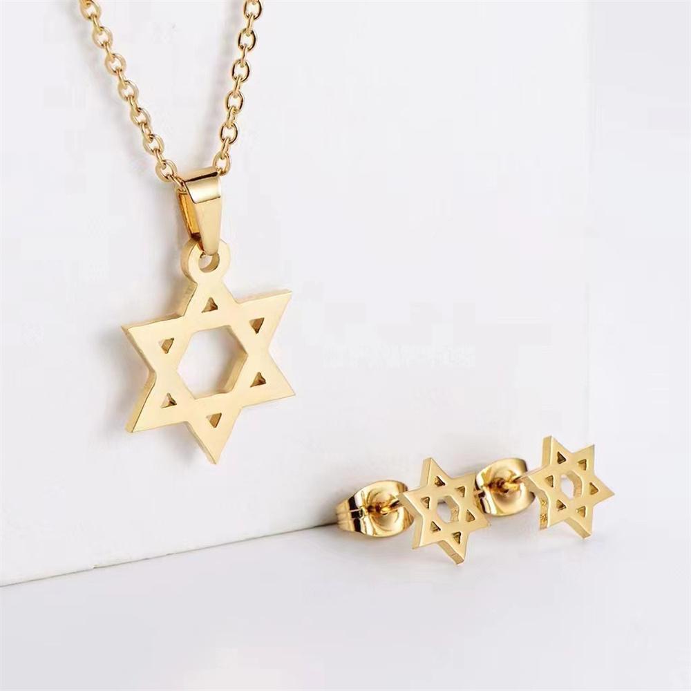 Punk Star of David Pendant Necklace Earrings Set Gold Color Stainless Steel Jewish Hexagram for Women Religious Jewelry Set