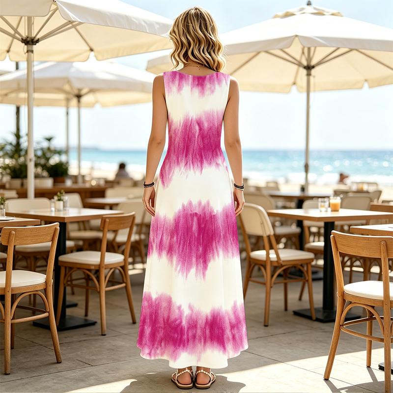 Vibrant Magenta Tie Dye Stripe Print Round Neck Sleeveless Long Dress, Vacation Beach Flowy Maxi Dress