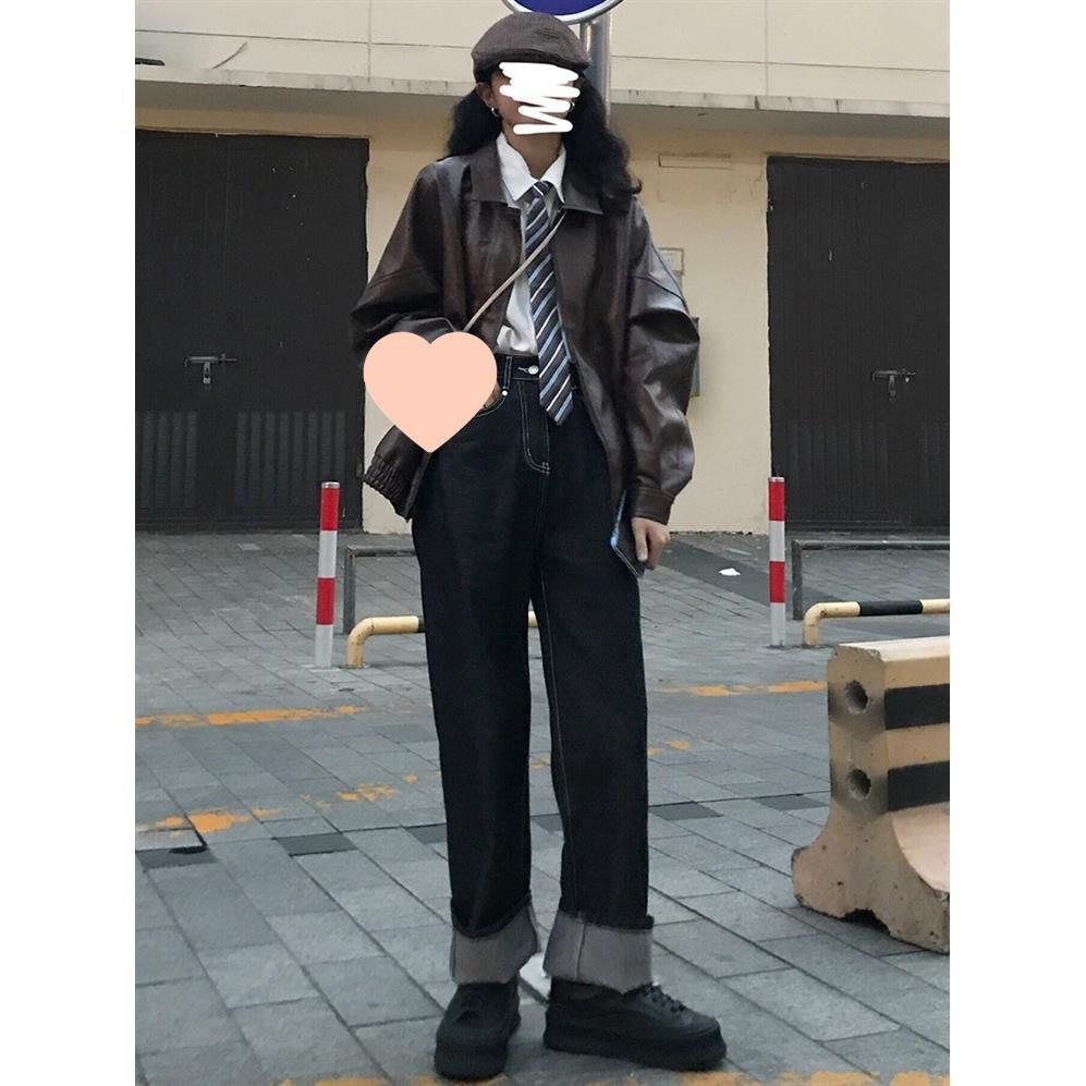 Women's Retro Brown & Black Leather Motorcycle Jacket - Spring/Autumn Loose Outerwear