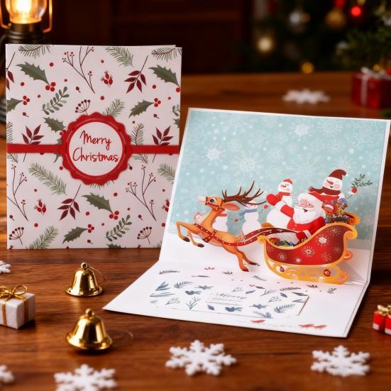 3D Pop Up Christmas Greeting Card Merry Christmas Gift Cards with Envelopes Santa Elk Snowman Holiday Cards for Christmas Parties Home Decor