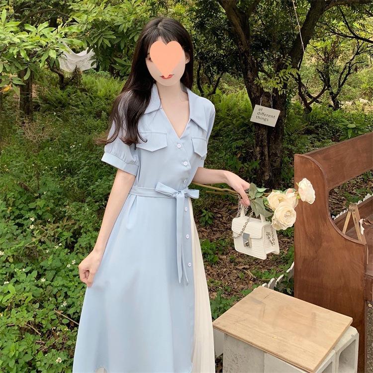 Summer French Women's Fake Two-Piece Shirt Dress V Neck Waist Slim Long Elegant Literary Dress