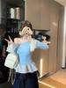 Women's Gray Slim-Fit Off-Shoulder Fur Collar Long-Sleeve Top for Autumn/Winter