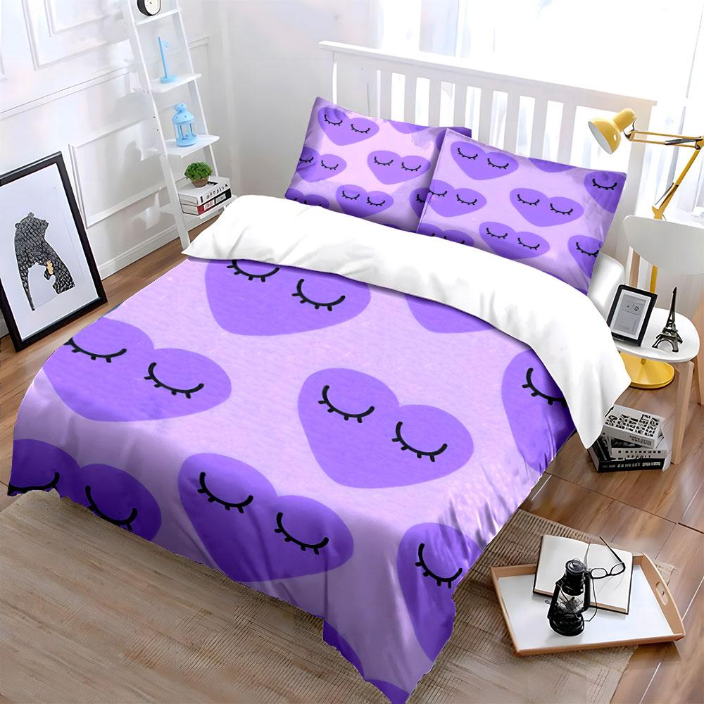 Sleeping Heart With Eyelash Duvet Cover Set, Light Purple Kawaii Girly Bedding Includes 1 Duvet Cover And 2 Pillowcase, Gift