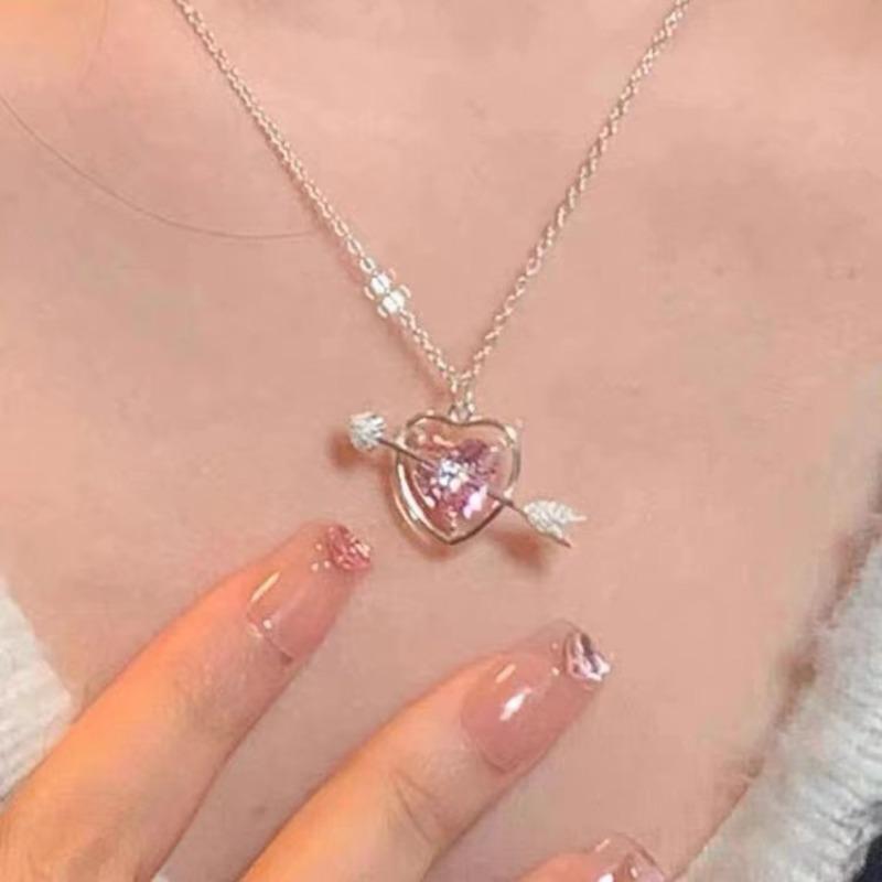 Cupid's Arrow Pink Diamond Love Necklace One Arrow Through the Heart Collarbone Chain Niche Design Light Luxury Girlfriend Gift
