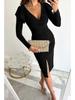 V-Neck Waist-Cinching Slit Solid Color Long Sleeve Dress