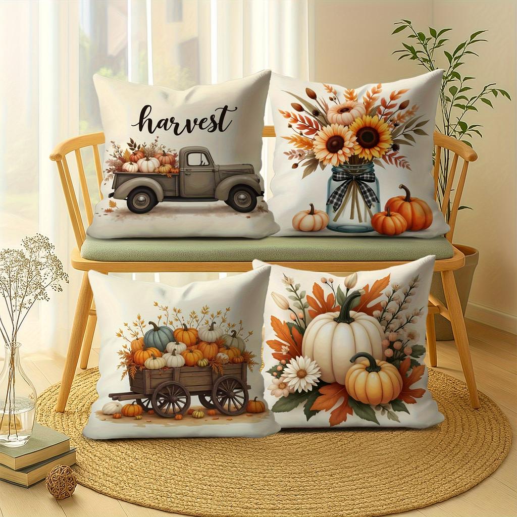4Pcs Thanksgiving Vintage Truck And Fall Decorative Pillow Covers - Country Farmhouse Style, Polyester, Single-Sided Print,