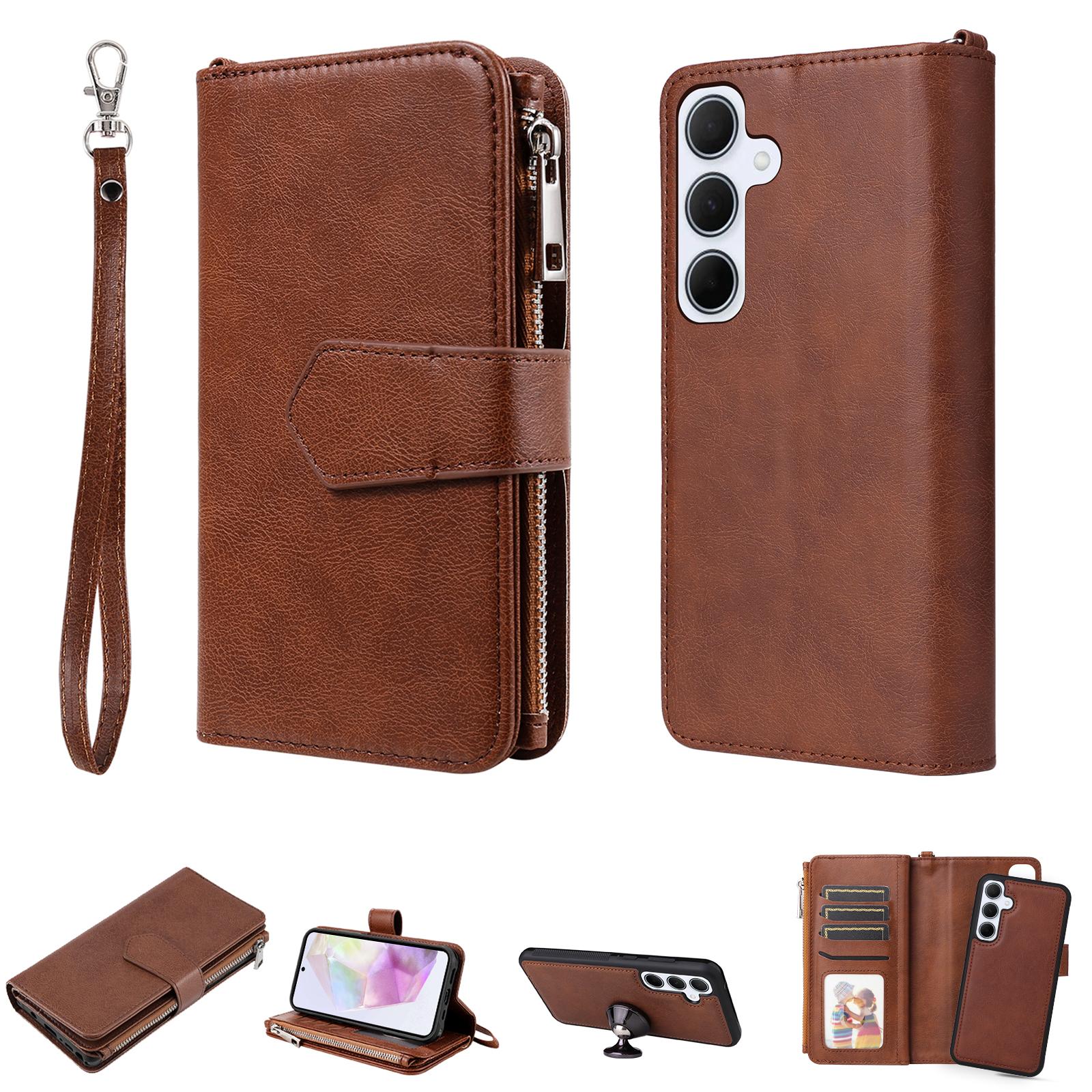 

For Samsung Galaxy A35 5G Magnetic Leather Case Mobile Cover with Detachable Zipper Wallet Strap Brown