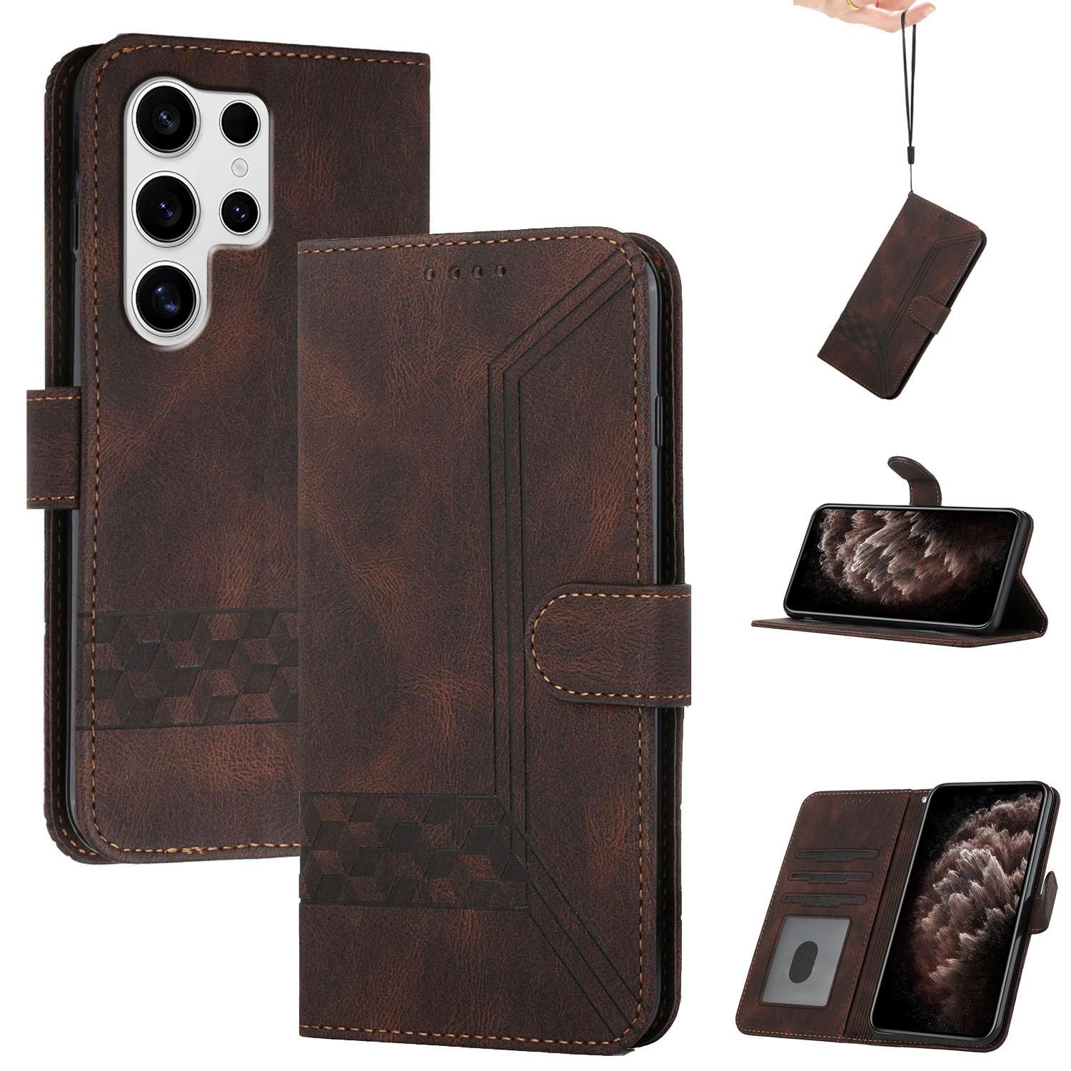 

YX0010 Series for Samsung Galaxy S25 Ultra Wallet Case Rhombus Lines Leather Phone Cover Coffee