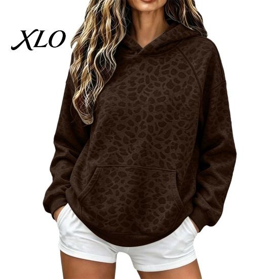 Long Sleeve Casual Tops Women Leopard Print Hoodie, Oversized Drop Shoulder Hooded Sweatshirt with Pocket, Daily Hoodie Pockets Loose Pullover Top for
