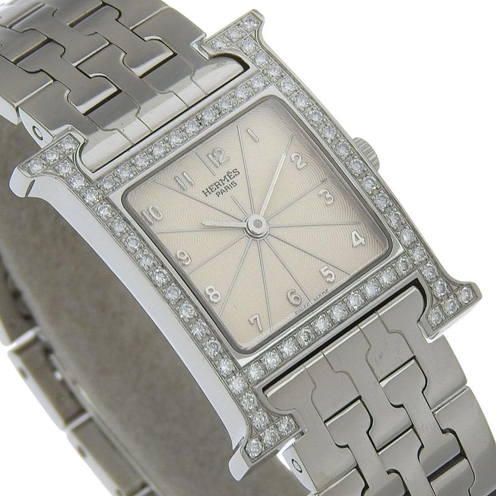 Hermes Heure H Watch Watches HH1.230 Diamond Bezel whiteDial diamond/Stainless Steel Quartz Analog Display Women Used