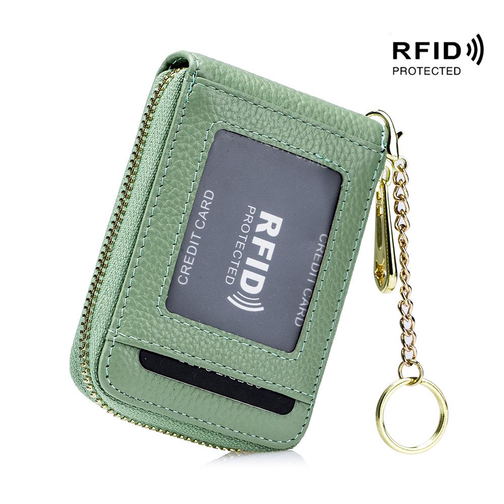 Exquisite RFID Genuine Leather Accordion Card Holder for Women and Men with Keychain