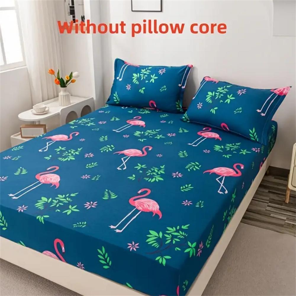 3pcs Soft Comfort Flamingo Fitted Sheet Set - Breathable Bedding Mattress Protector for Bedroom, Guest Room - Hypoallergenic