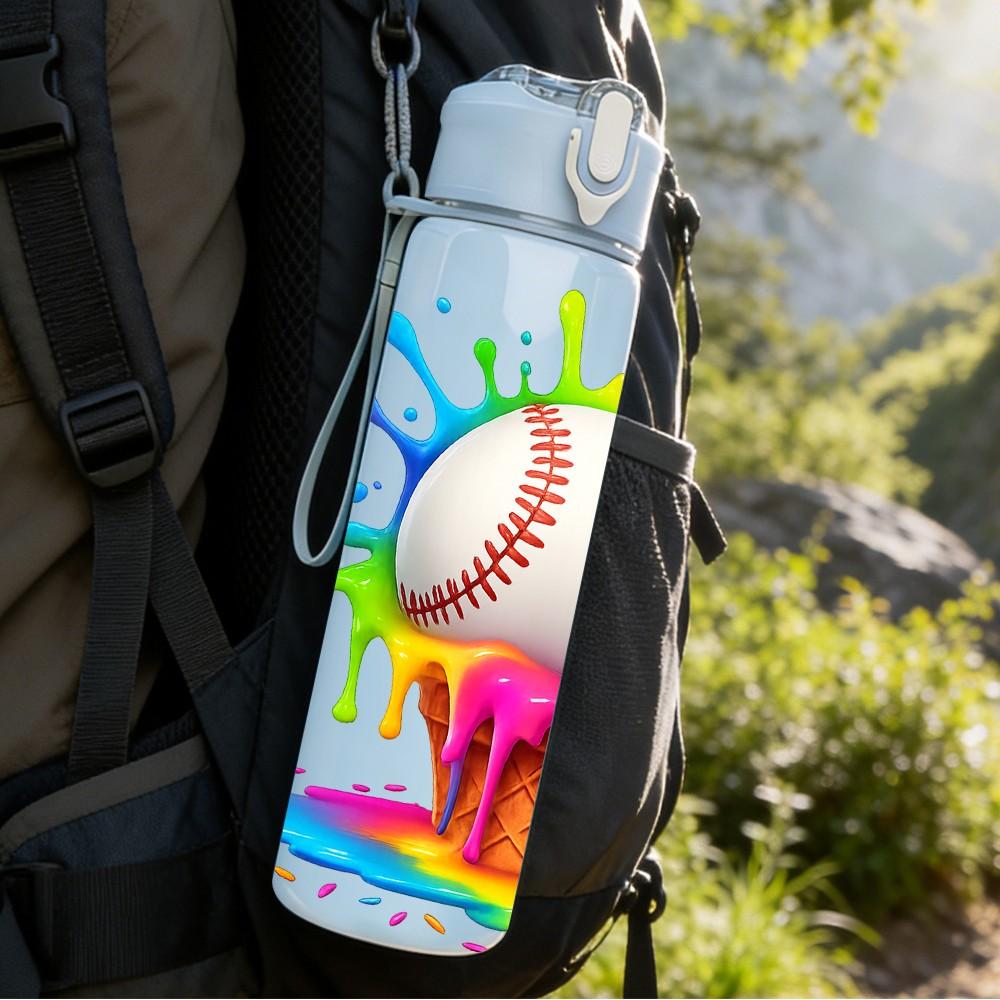 1PC Splash Baseball Art 750ml Color Plastic Sports Water Bottle Leakproof Flip Straw Lid Suitable for Sports Office Home Use