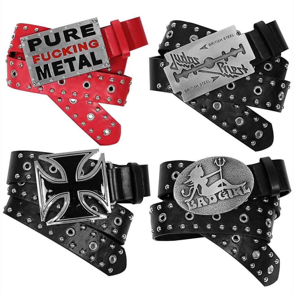 4.5cm Width Rivet Punk Rock Pu Leather Belt Man Woman Hip Hop Vintage Black Red Leather Waist Belt Y2k