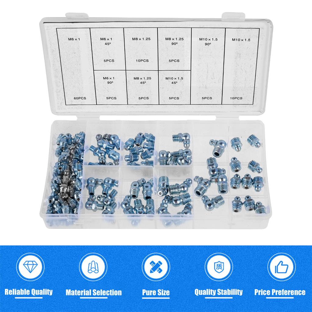 110 Pcs Grease Nipple Fittings Assortment Kit Straight 45/90° Angled Galvanized Metal Grease Nipple Set for Motorcycle Truck