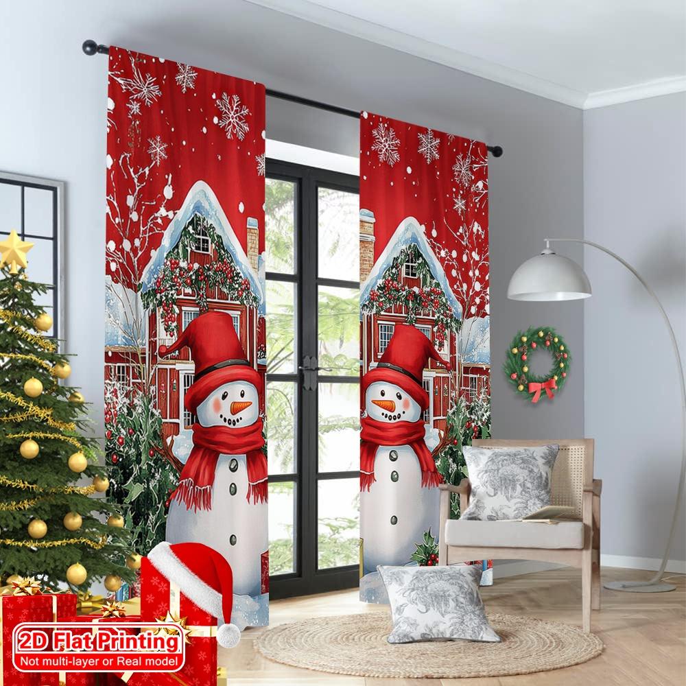 2D Flat Printing 2Pcs Christmas Curtains For Living Room House Red Snowman Printed Window Curtain Natural Drapes For Bedroom