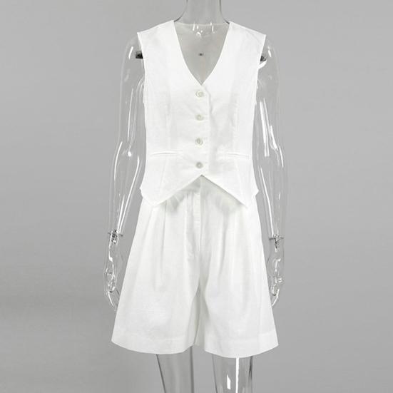 2Pcs/Set Women Vest Shorts Suit Summer V Neck Casual with Pocket Sleeveless Solid Color Ladies Waistcoat Top Shorts Kit Office Wear