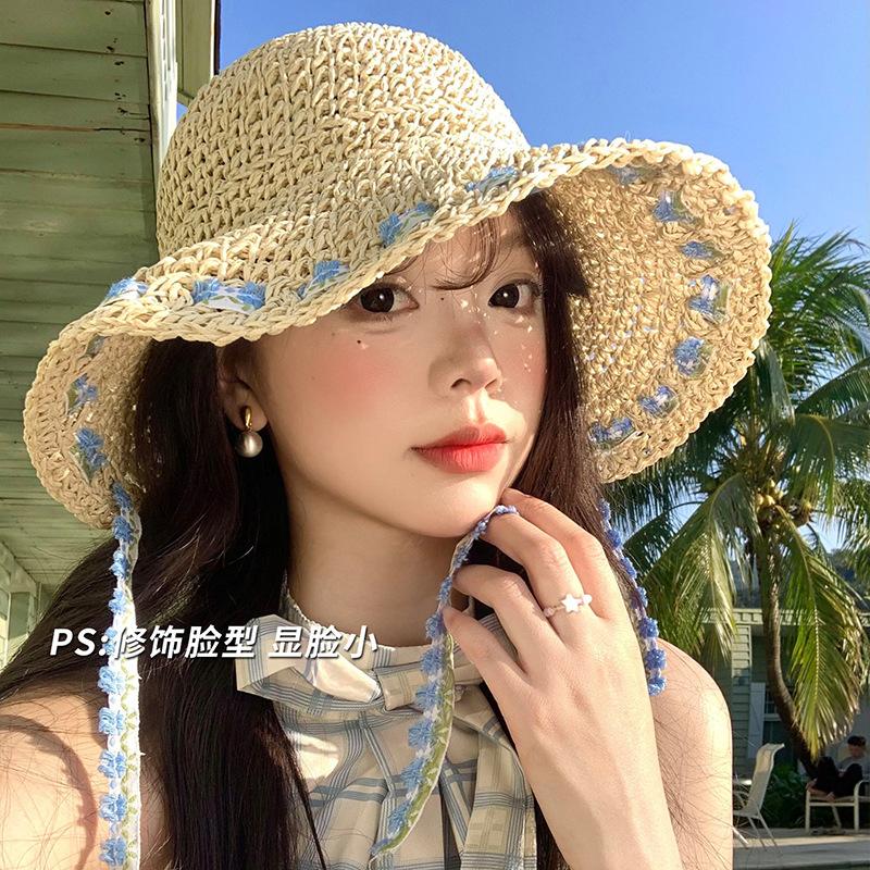 Women'S Floral Tied Woven Straw Hat Large Brim Sun Protection Beach Vacation Style Fisherman'S Cap Summer Accessory