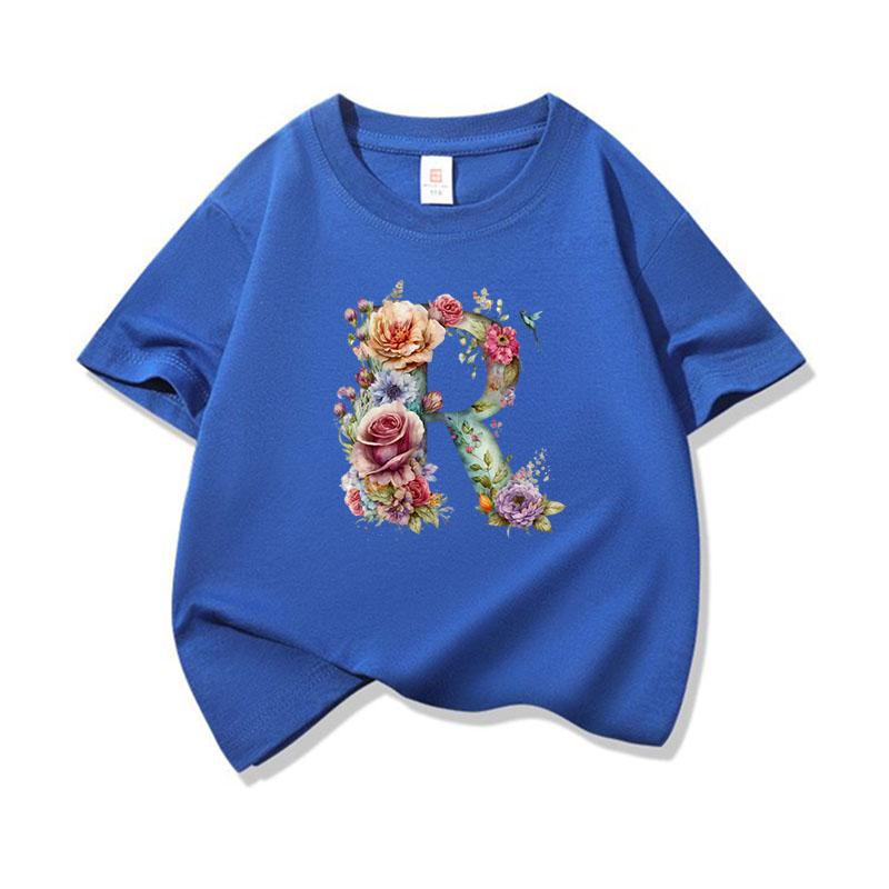 Kids Cotton T Shirt Floral Letter R Print Crew Neck Short Sleeve Tee Casual Boys Girls Summer Tops