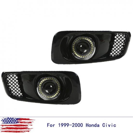 For 1999-2000 Honda Civic Clear Lens LED Halo Projector Fog Lights Lamps DRL