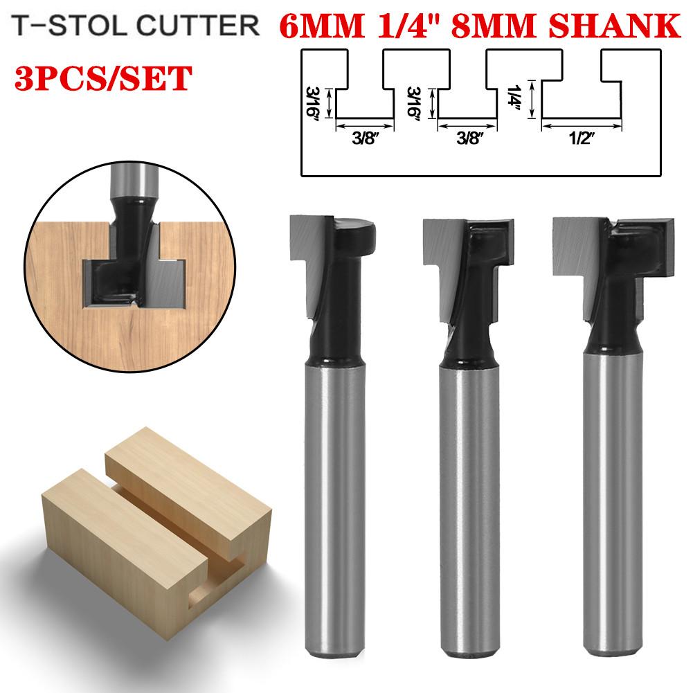 3pcs/set 1/4" 6mm 8mm Shank T-Slot Cutter Router Bit Set Hex Bolt Key Hole Bits T Slotting Milling Cutter for Wood Woodworking