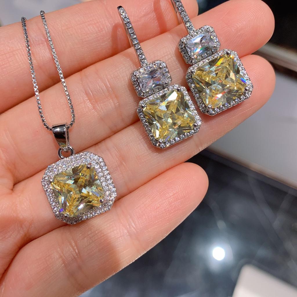 Jewelry Simulation Yellow Diamond Pendant, Stud Earrings, Necklace, Female Colorful Treasure Set.