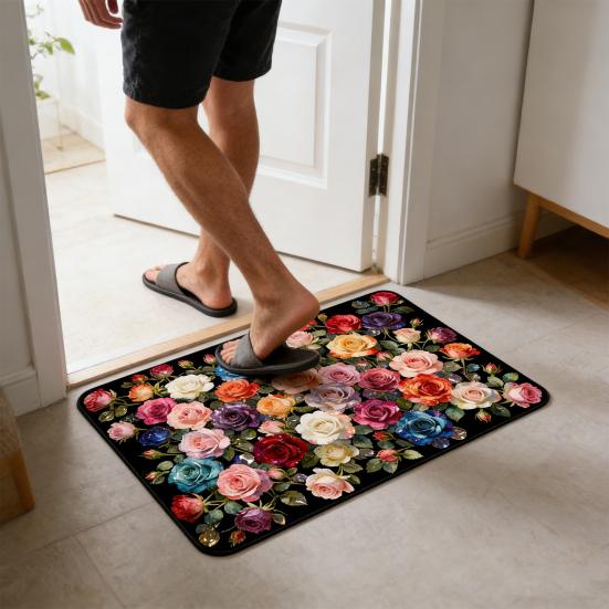 Roses Bathroom Rug Super Absorbent Diatomaceous Earth Bath Mat Non-Slip Door Mat Floral Floor Mat for Kitchen Entrance Shower