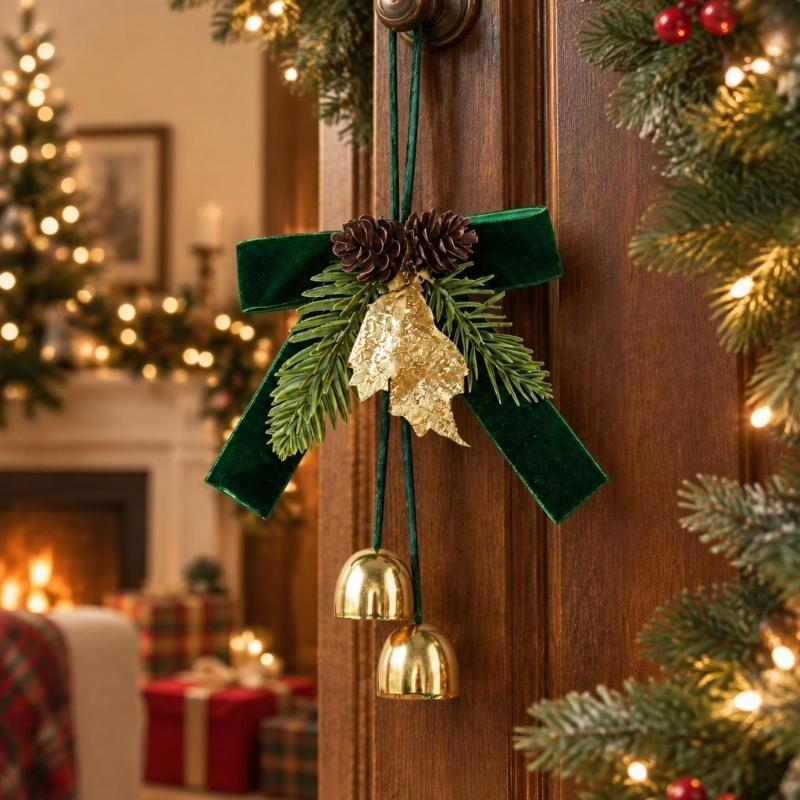 Christmas Tree Decoration Set of 4 Bowknot Bells Ornament with Pinecones, Foliage, Gilded Leaves, and Hanging Cord