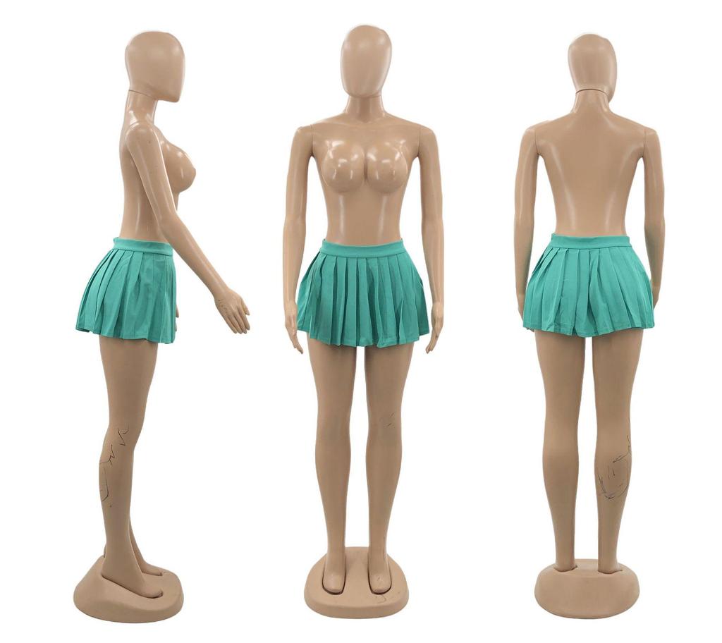 2022 New Women's Green Pleated A-line Mini Skirt - European & American Fashion