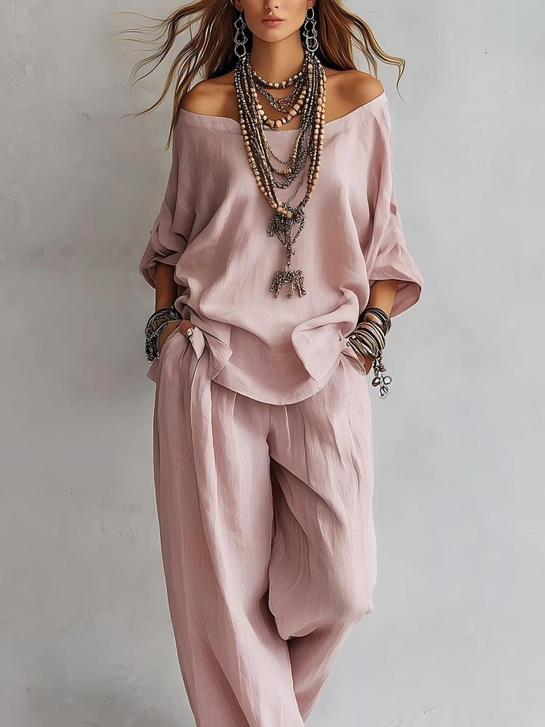 Summer Casual Loose LinenSleeve Top  Wide Leg Pants Set