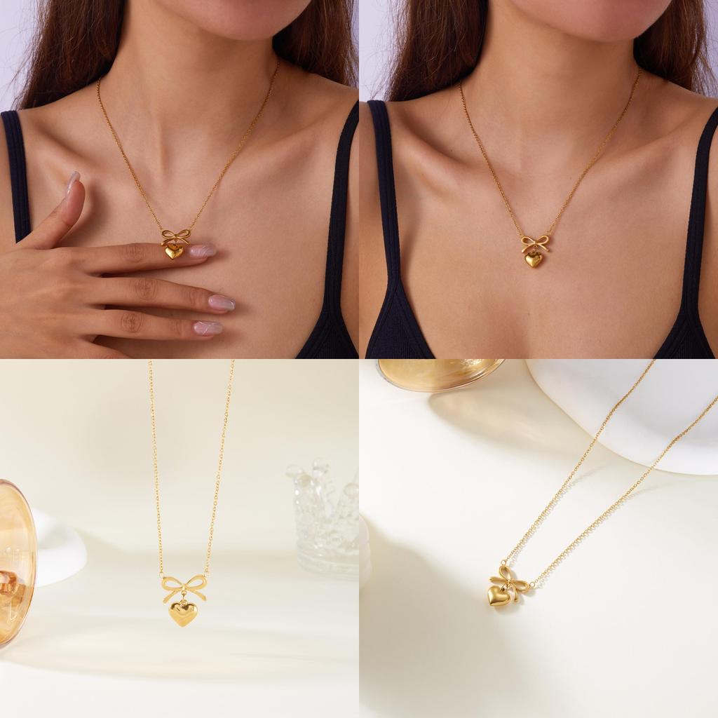 Elegant Heart Shape Pendant Necklace With Butterfly Bow Design In Stainless Steel For Daily Wear