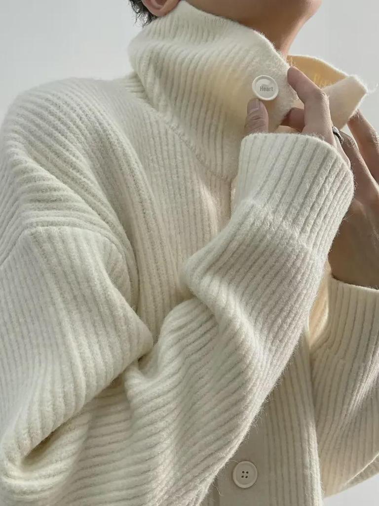 Unisex kardigan s vysokým límcem na knoflíky v korejském stylu - Módní svetr-bunda na jaro/podzim