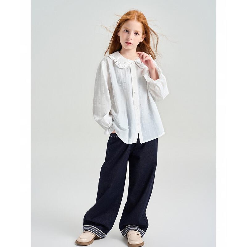 Mengtejiao Girls  Doll Collar Pleated Long Sleeve Cotton Shirt 120