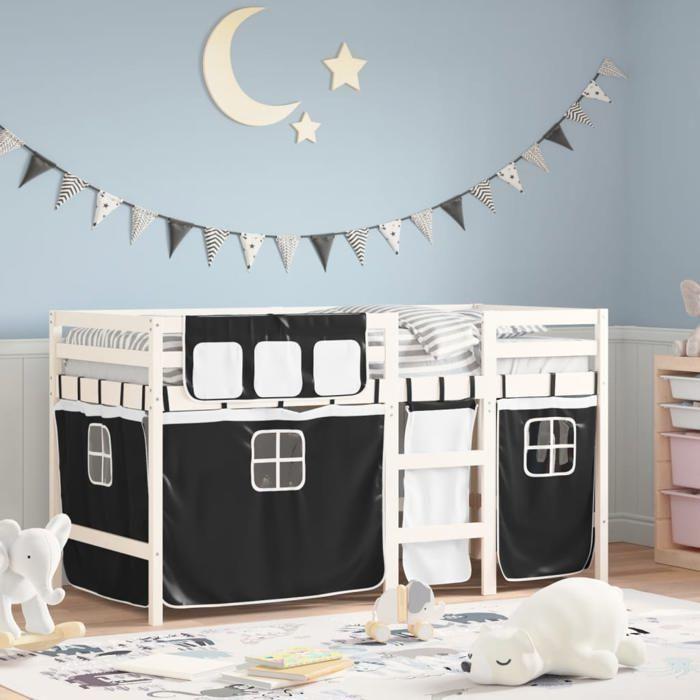 VidaXL Children's Mezzanine Bed and Curtains, Mid Sleeper Bed with Storage, Bedroom Furniture, Modern, White/Black 3283829
