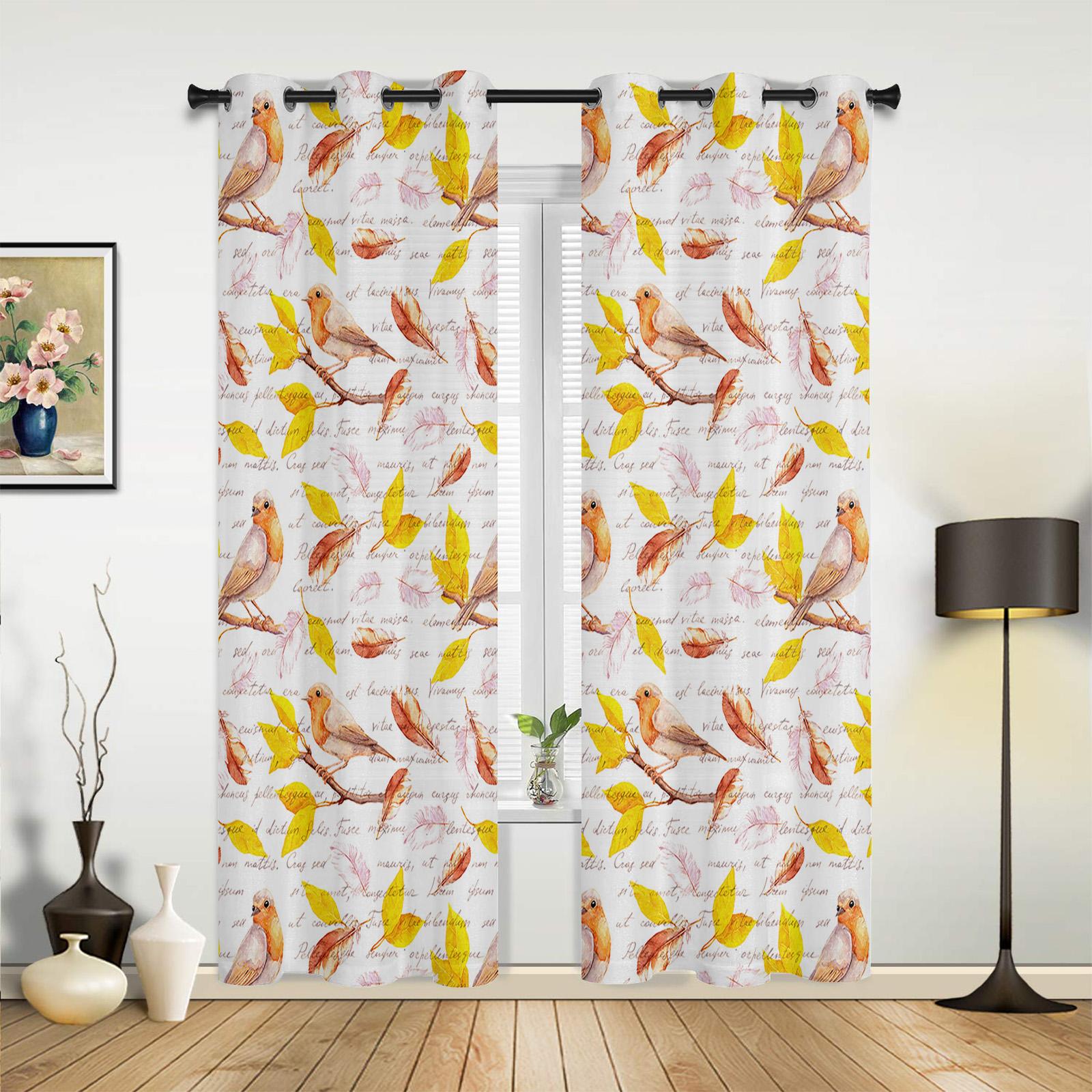 Шторы с осенними листьями и птицами для спальни — фото 3