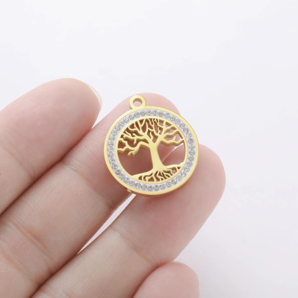 Xiaomi 3pcs/lot Amulet Tree of Life Round Clear Zircon Pendant Stainless Steel Gold Color Charms for Necklace Earring Jewelry Making