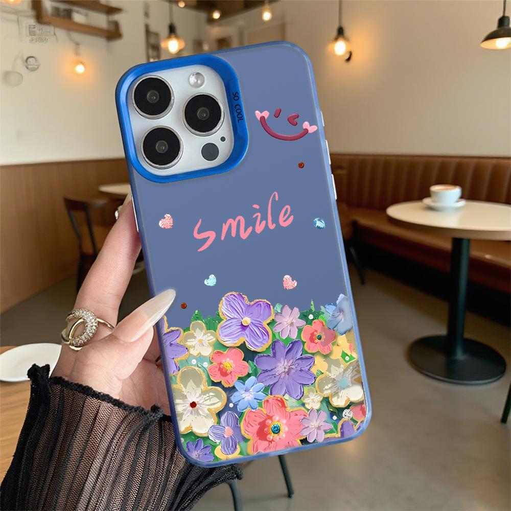 Smile with Colorful Flowers Hard Phone Case for Iphone 16 15 14 13 12 11 Pro Max Mini Shockproof Anti-Scratch Protective Cover