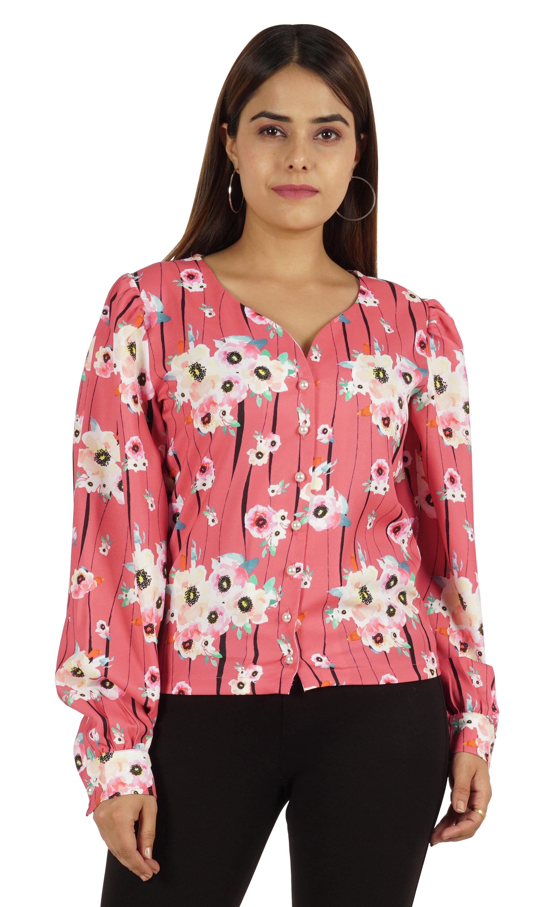 

Moomaya Жіночі топи з принтом, повсякденна блуза-сорочка з повними рукавами на гудзиках XXL глибоко персикового кольору