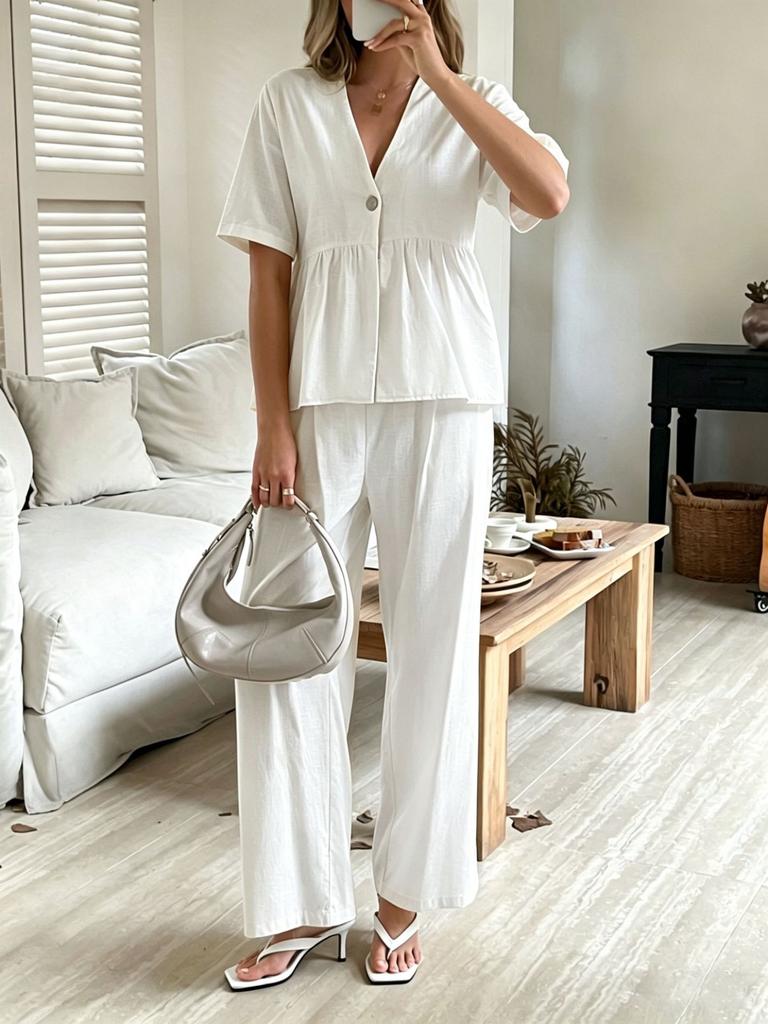 Europe, America, Cross-border Amazon Foreign Trade Fashionable and Elegant V-neck Loose Short-sleeved Top and Wide-leg Pants Two-piece Set